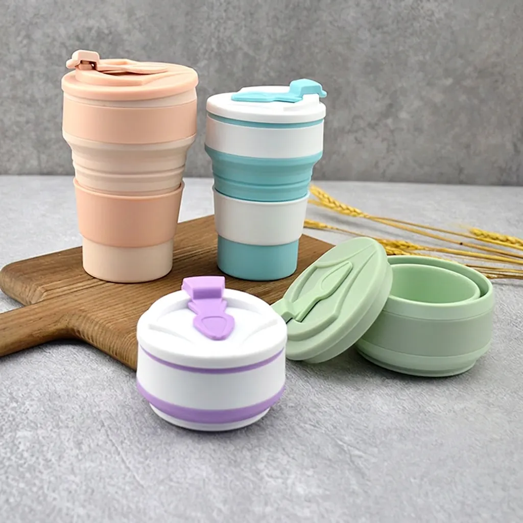 Collapsible Coffee Cup Silicone Portable Folding Water Bottle With Leakproof Lid And Heat Insulated Sleeve For Travel Outdoor Camping