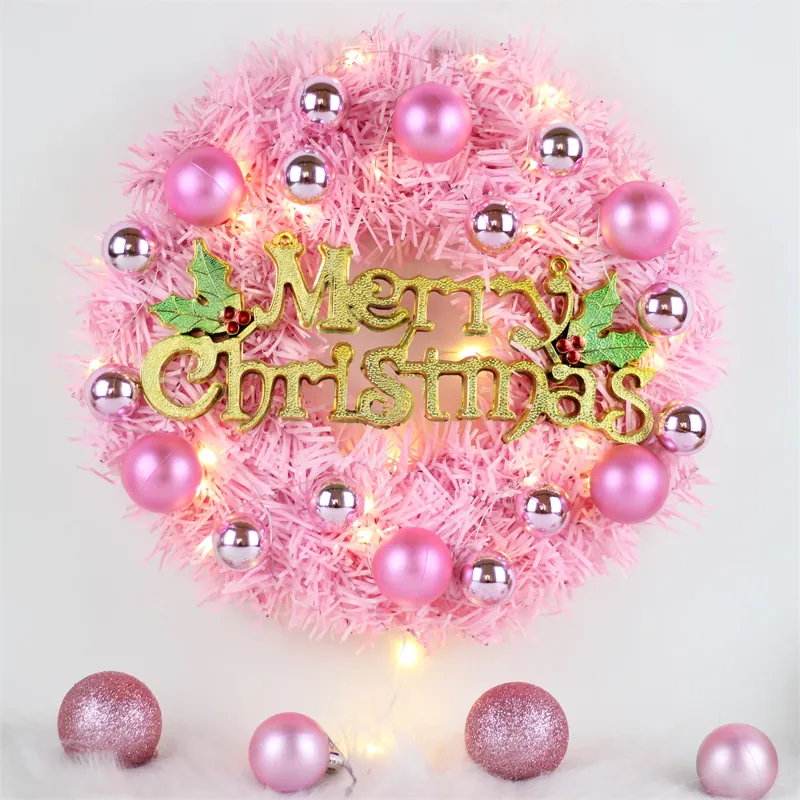 Pink Christmas Wreath PVC Artificial Tinsel Ornament With Warm LED Lights Golden Letter Sign For Front Door Window Wall