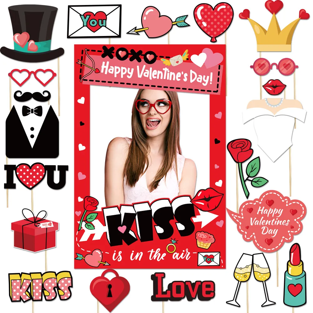 Valentine's Day Photo Booth Props Paper Selfie Frame Collection Heart Lips Glasses Party Decorations Photography Accessories