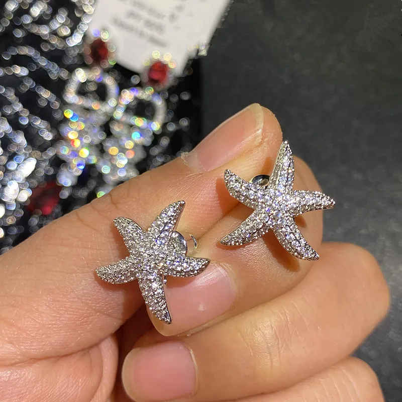 Starfish Stud Earrings Cubic Zirconia Pavé Copper Jewelry 925 Sterling Silver Earring Post For Women Ocean Style