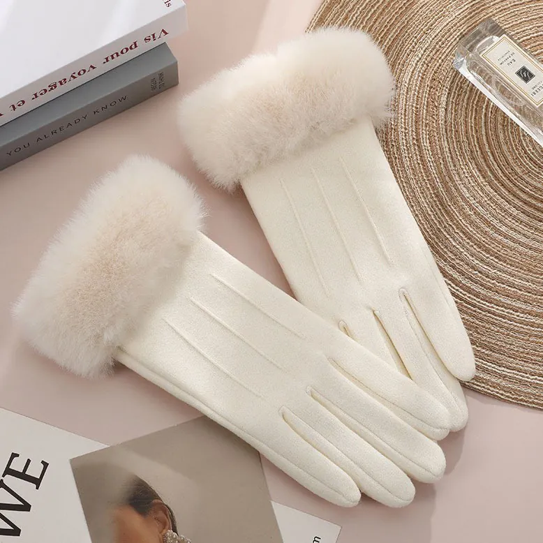 Women Winter Gloves Warm Fleece Lined Touchscreen Knit Faux Fur Cuff Outdoor Windproof Cycling Driving Elegant
