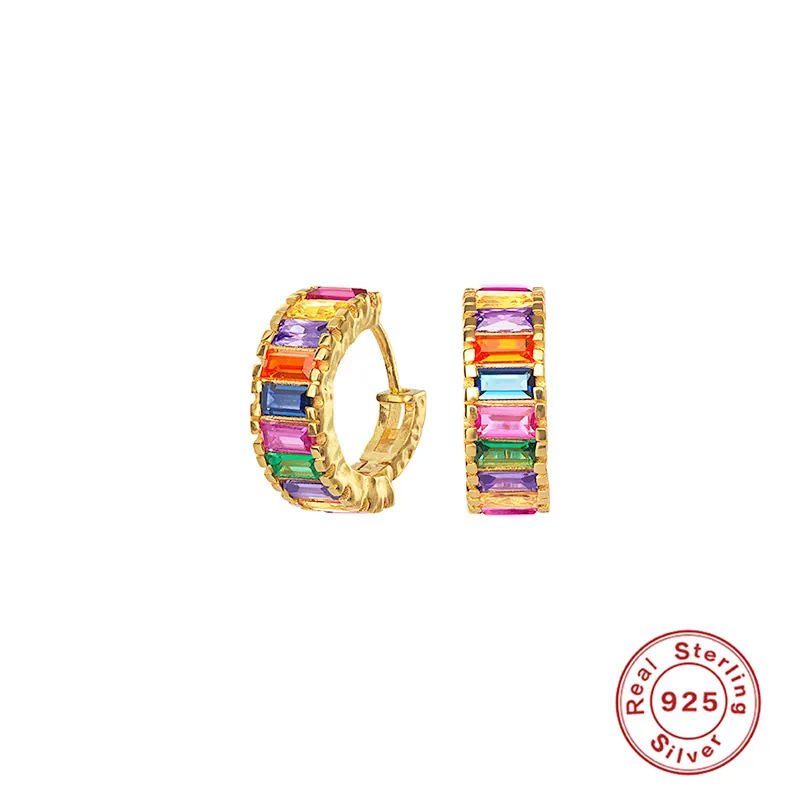 925 Sterling Silver Colorful French Bread Huggie Hoop Earrings Zirconia Inlaid Gold Plated Elegant Small Ear Buckle For Women