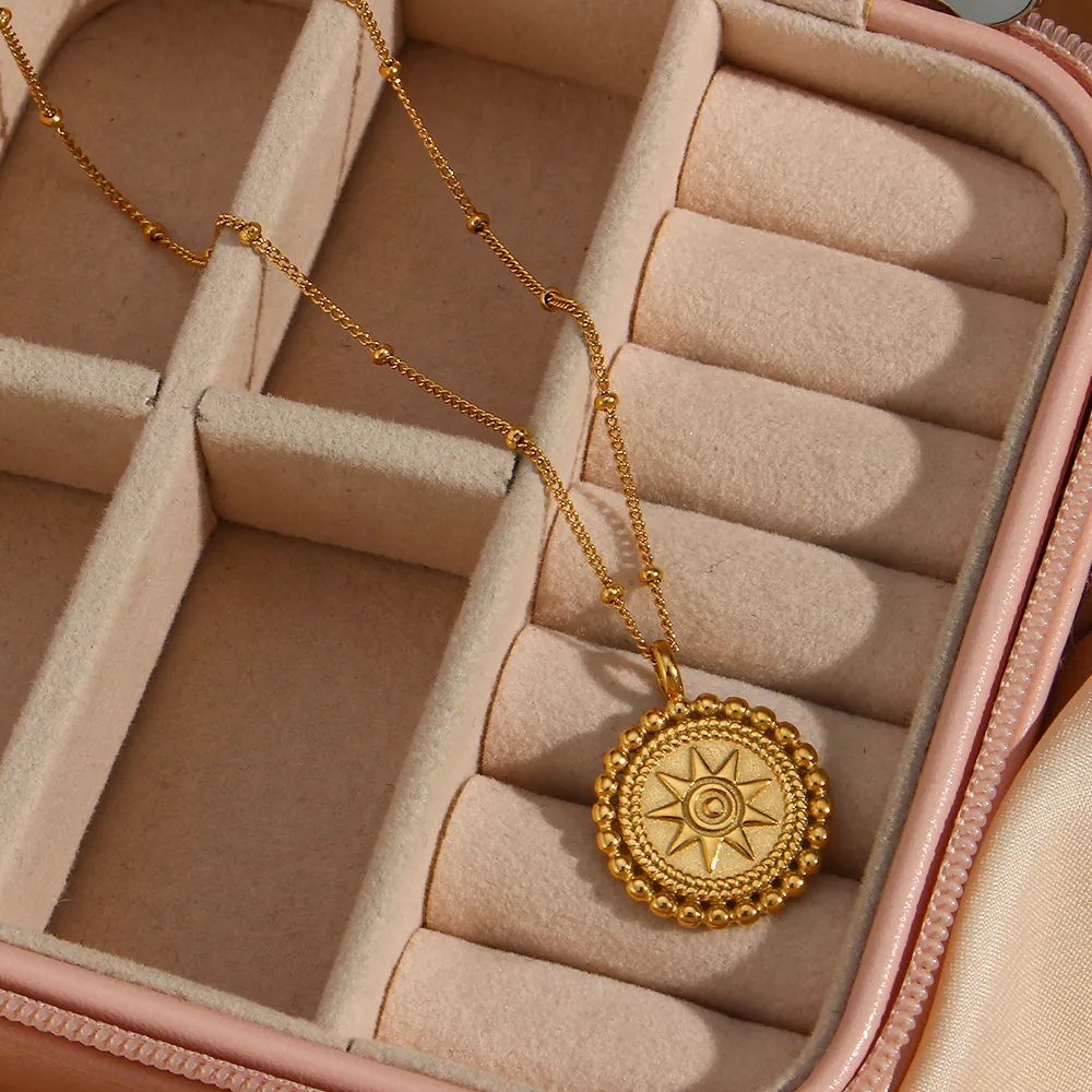 Vintage 18K Vergoldet Edelstahl Stern Runde Scheibe Anhänger Halskette Minimalistische Geprägte Sonne Münze Schmuck Damen