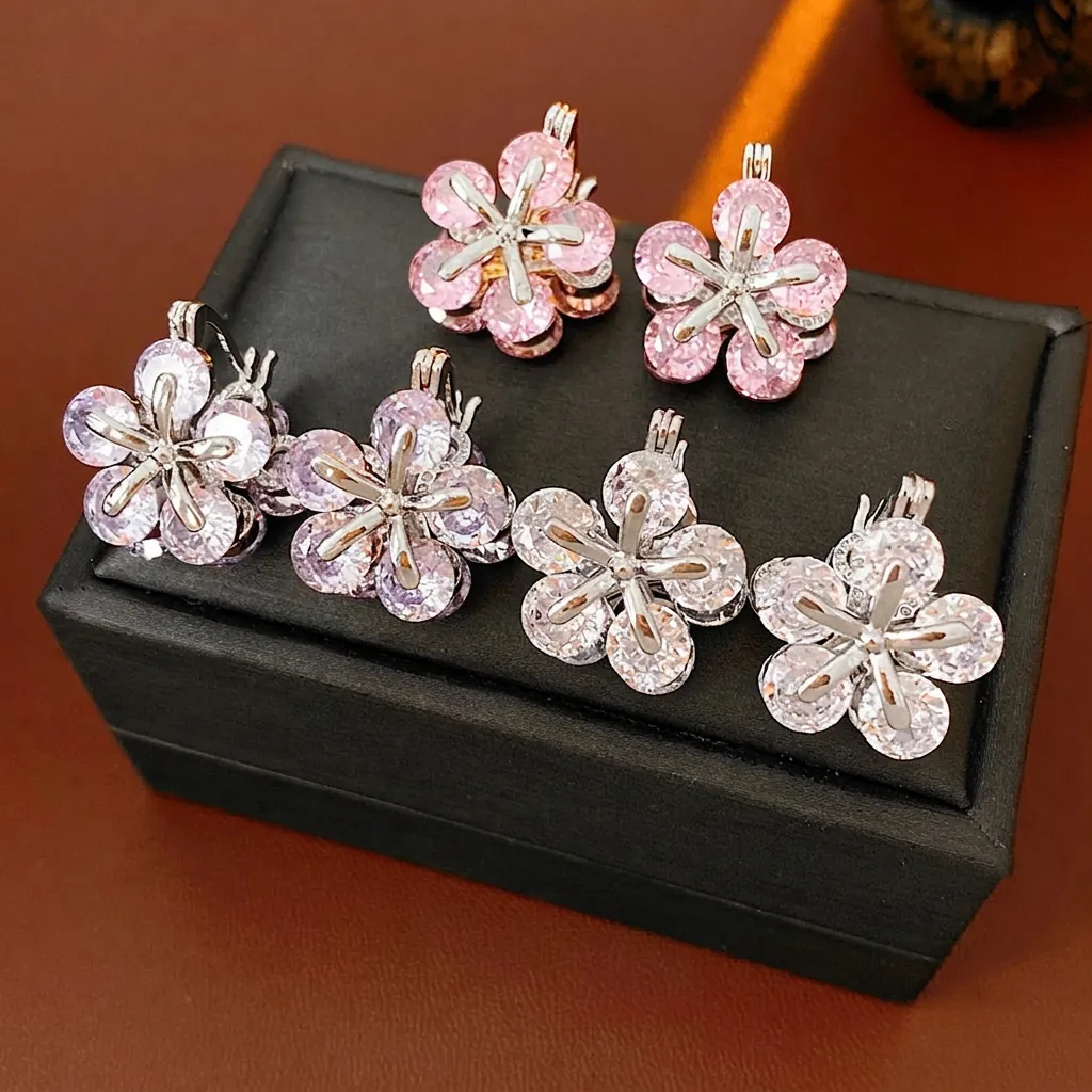 Boucles D'oreilles Créoles Fleur Cuivre Zircon Tige En Argent Bijoux Mode Pour Femmes
