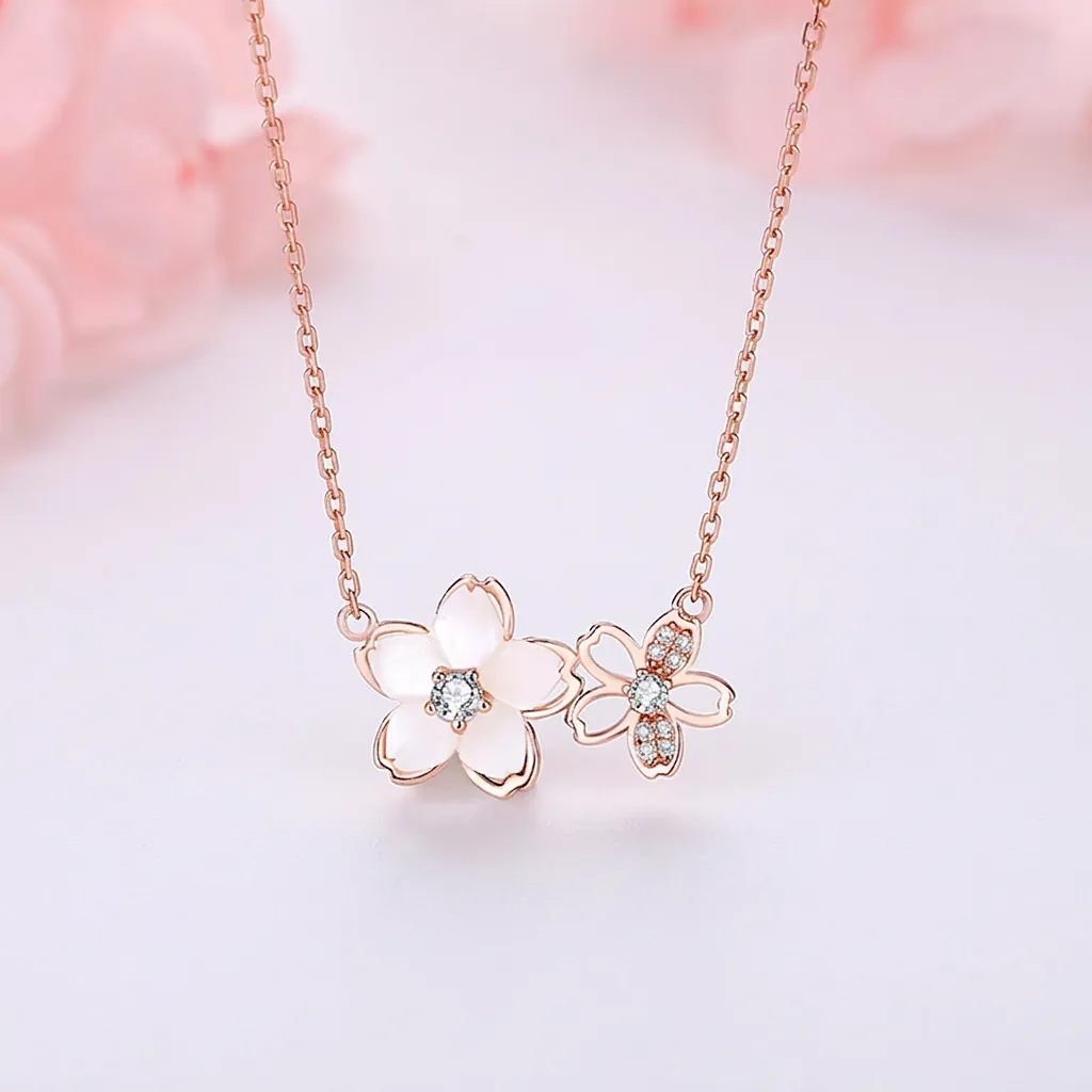 Cherry Blossom Sakura Necklace Copper Rose Gold Plated Double Pendant Cubic Zirconia Mother Of Artificial Pearl Elegant Jewelry For Women