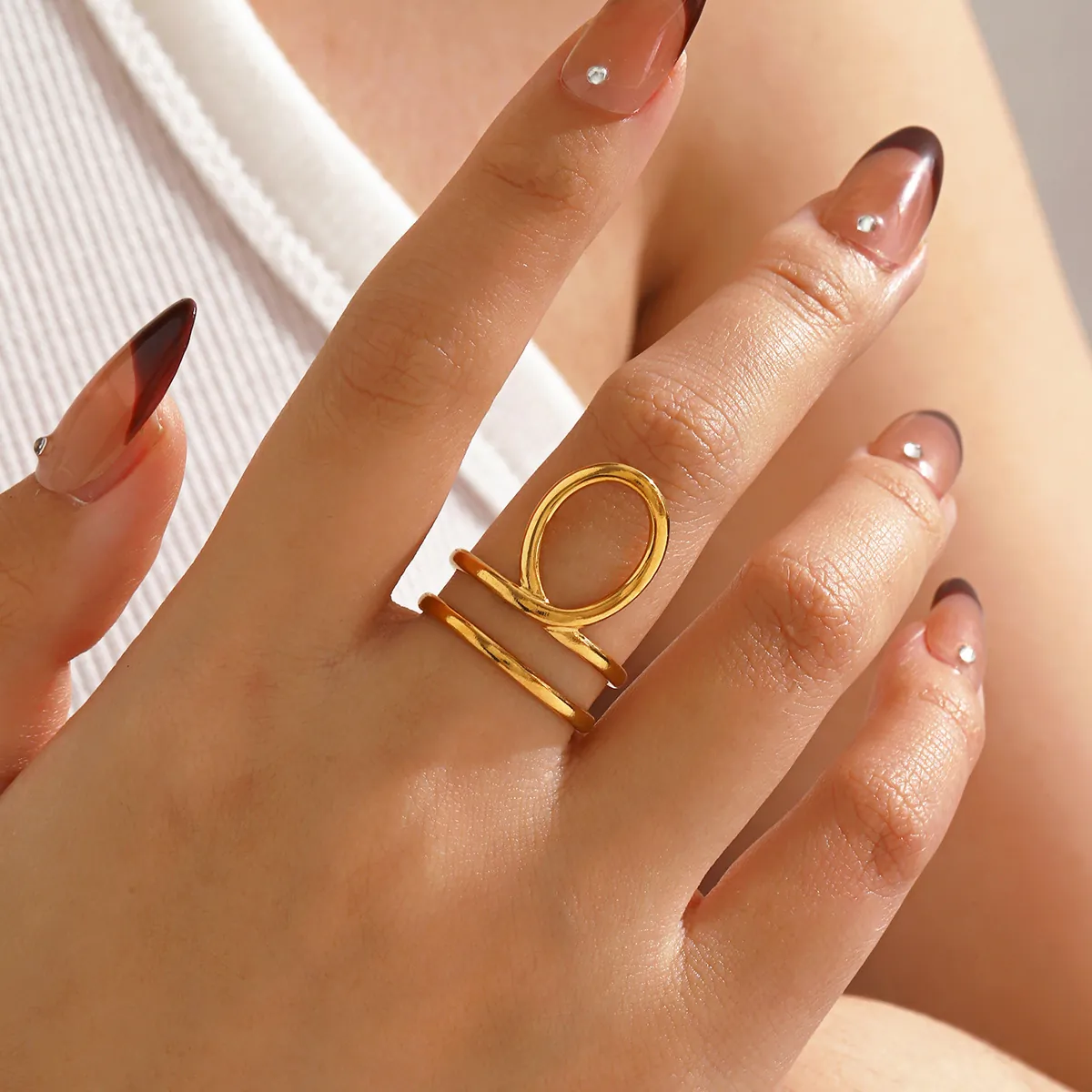 Geometrischer Offener Ring Minimalistischer 18K Vergoldeter Edelstahl Hohl Oval Mehrschichtig Linienband Schmuck Für Frauen
