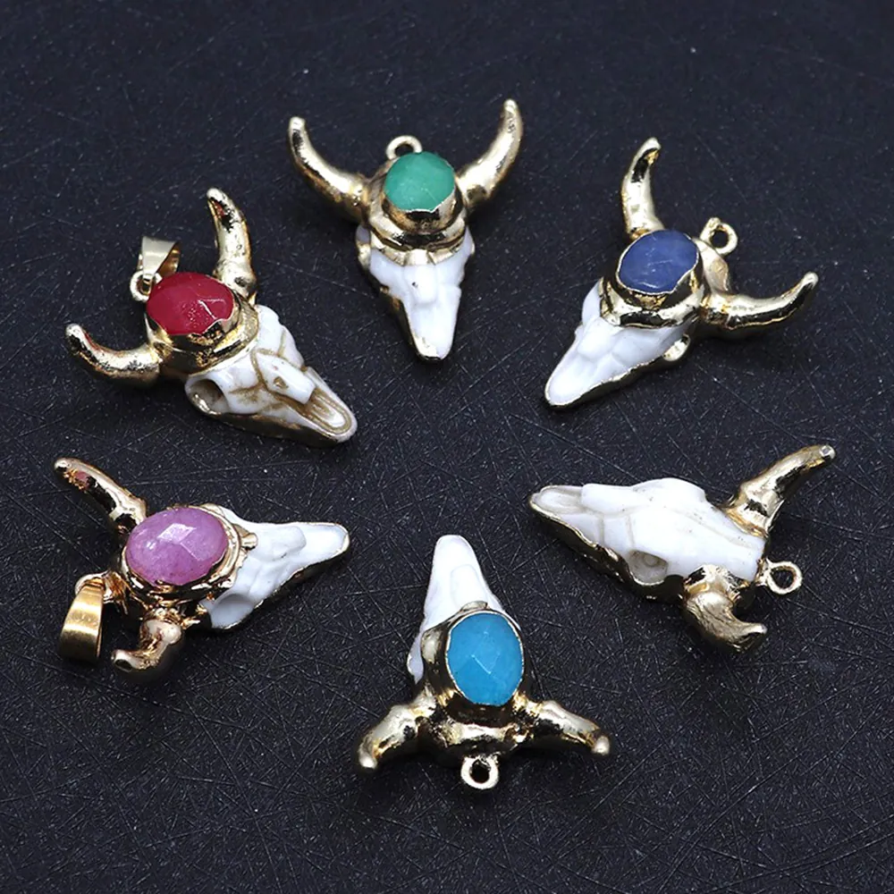 Bull Head Pendant Skull Charms Resin Alloy Gold Plated Inlaid Colorful Stones DIY Jewelry Making Accessories Retro Style