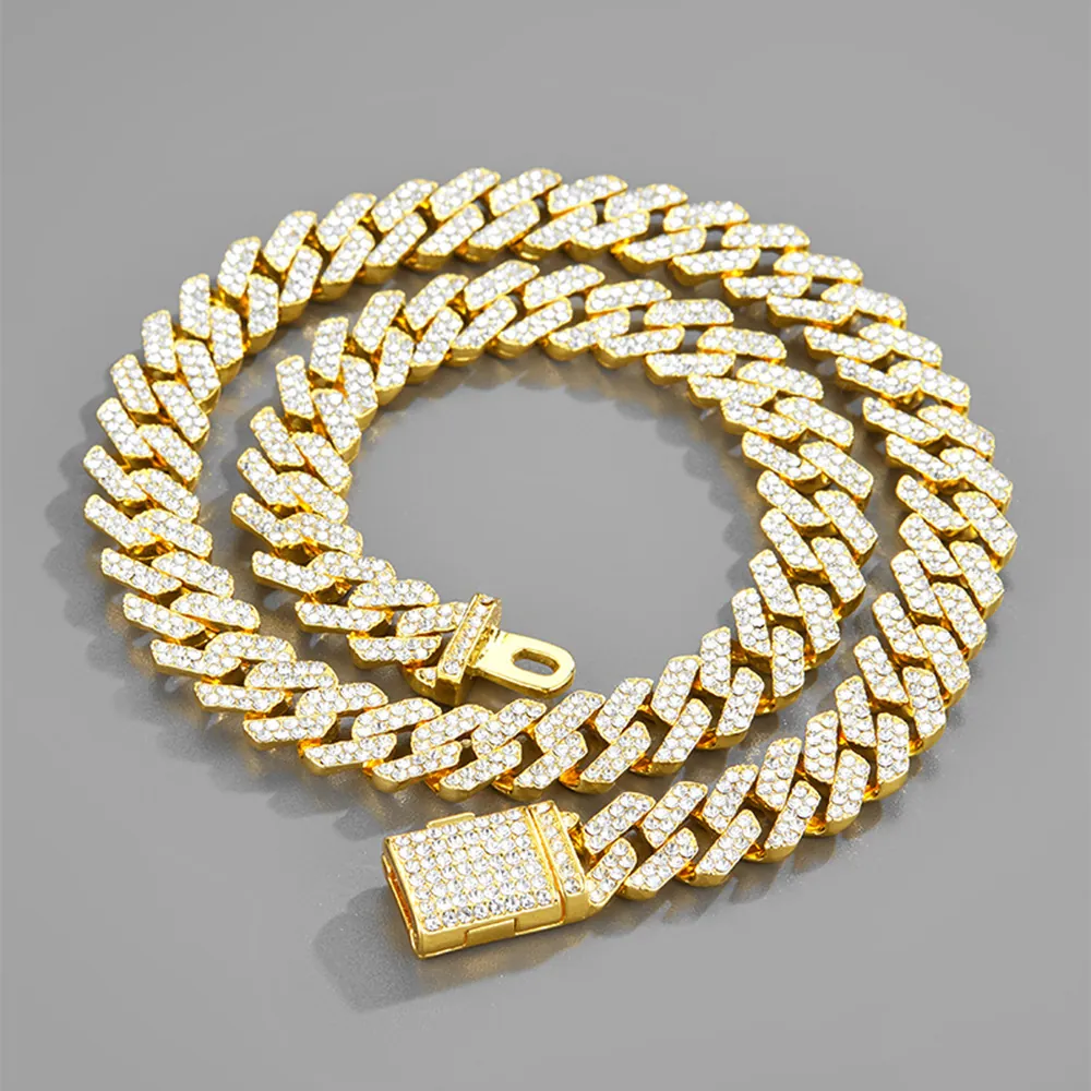 Collier Chaîne Cuban Link Iced Out Alliage De Zinc Strass Complet Bijoux Mode Hip Hop Unisexe