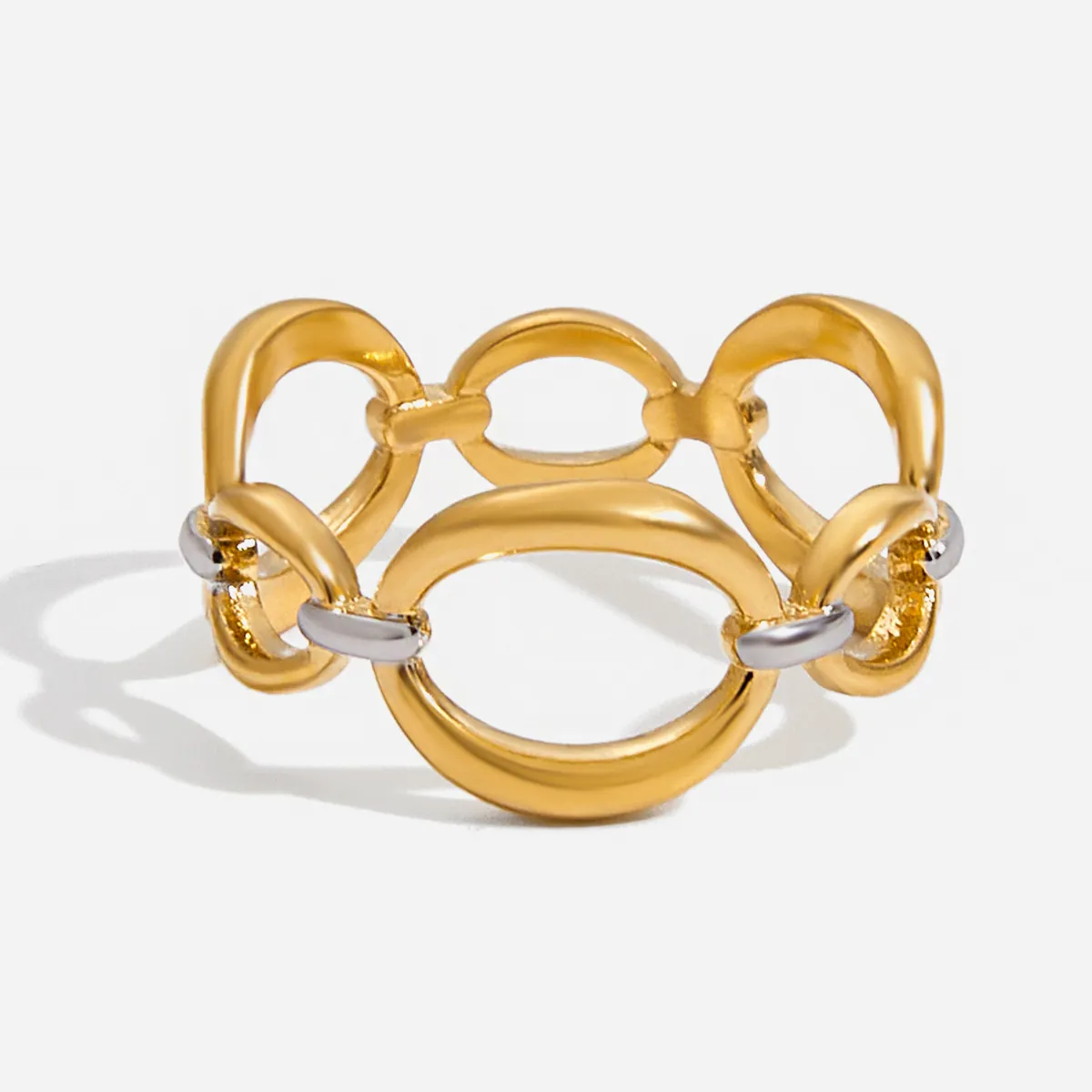 Bague Minimaliste En Acier Inoxydable Plaquée Or 18K Bicolore Or Argent Géométrique Maillon De Chaîne Creux Femmes