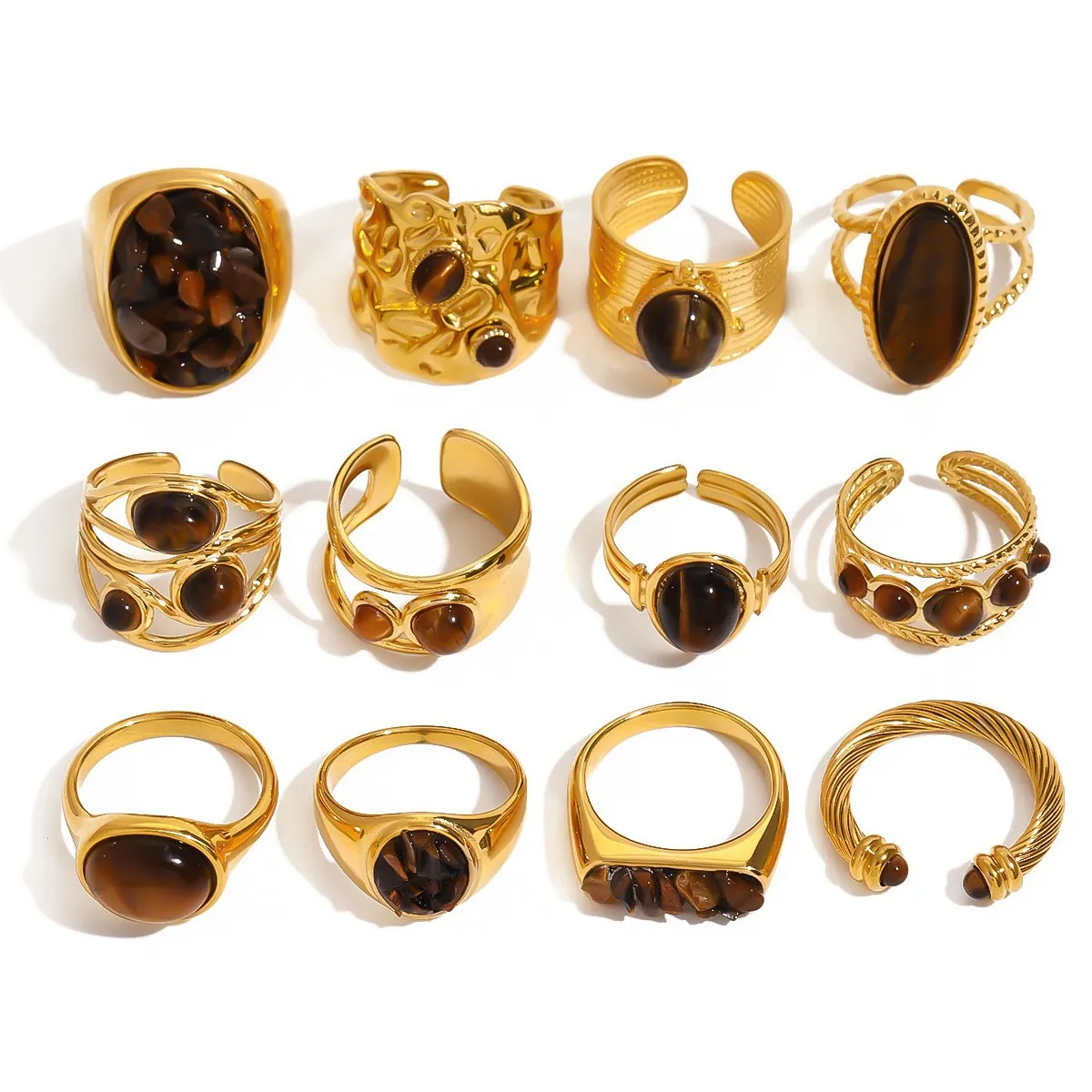 Tigerauge Stein Schmuck Edelstahl Vergoldet Vintage Böhmisch Geometrisch Ring Halskette Armband Ohrring Damen