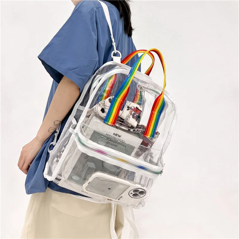 Clear PVC Backpack Waterproof Large Capacity Transparent School Bag For Students Casual Travel Rainbow Straps