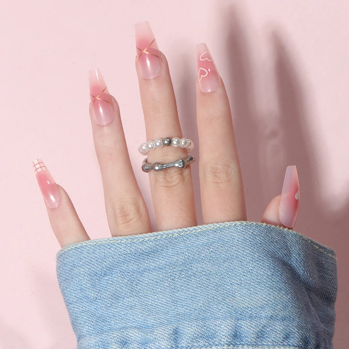 Pink Gradient Heart Press On Nails Coffin Shape Checkerboard French Tip Long Fake Nails Sweet Style For Women Daily Party