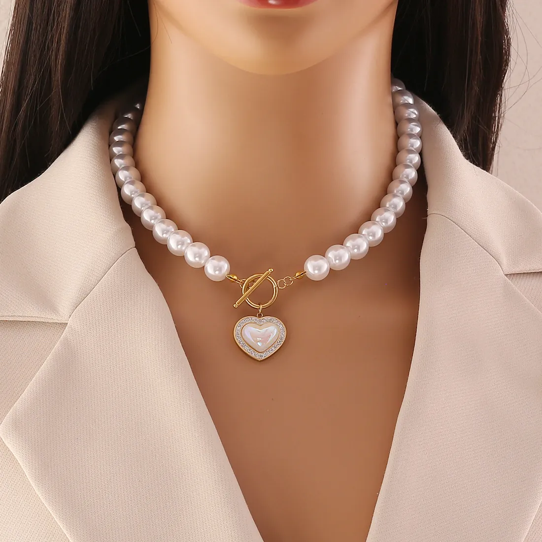 Collier Et Bracelet En Fausses Künstliche Perles Avec Pendentif Coeur Acier Inoxydable Strass Coquille Fermoir À Bascule Bijoux Pour Femmes