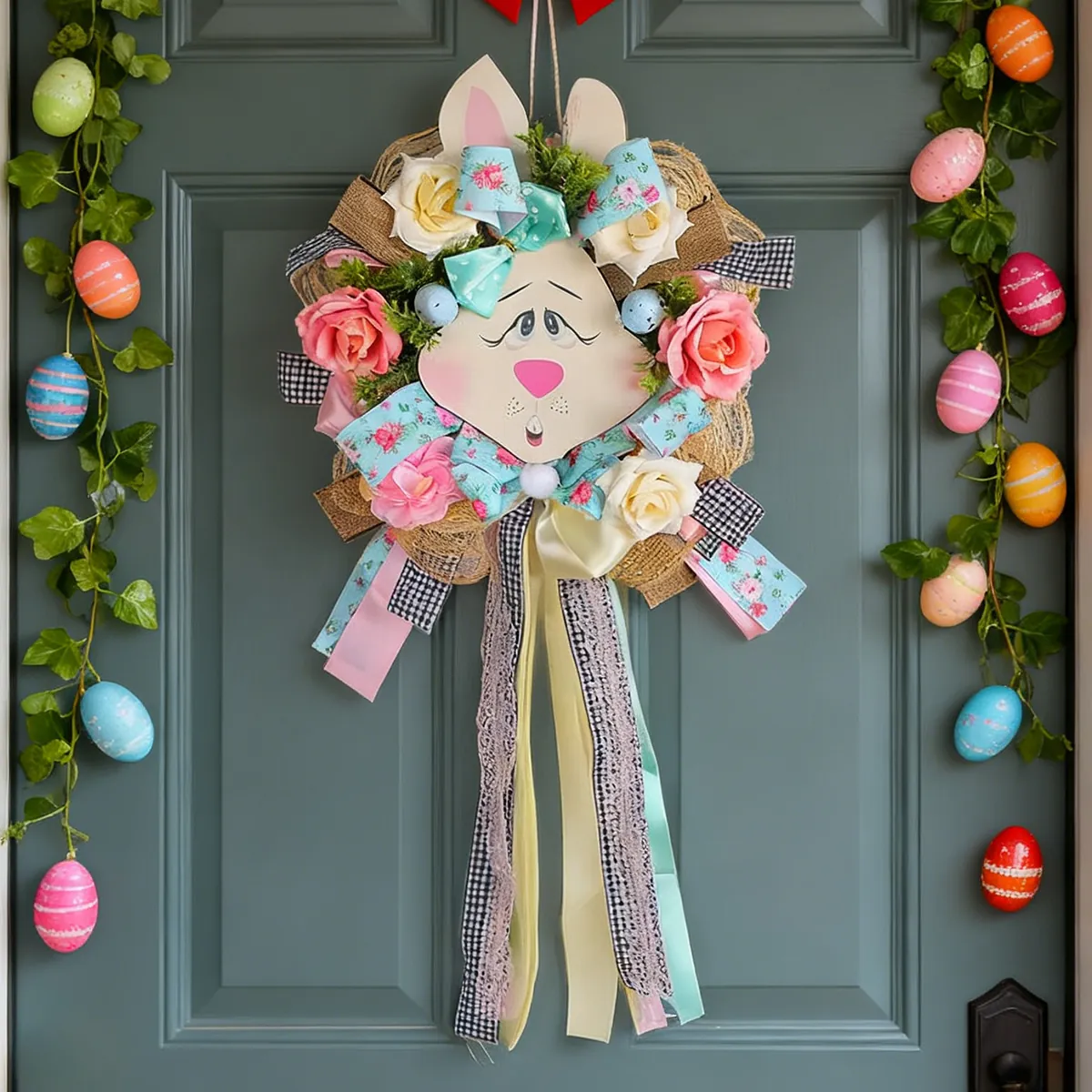 Easter Bunny Wreath With Artificial Roses Colorful Ribbons Burlap Mesh Rabbit Door Hanging Decoration For Holiday Party