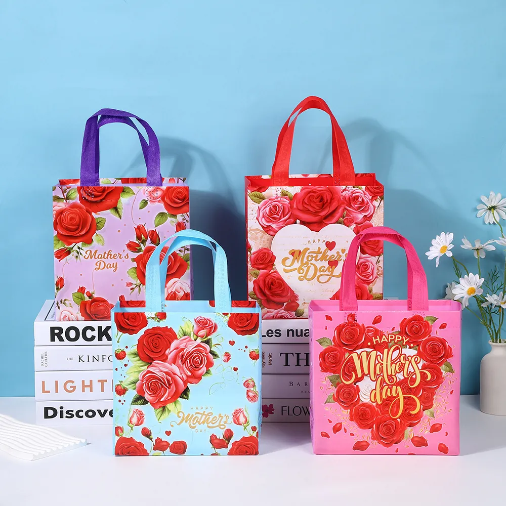 Mother's Day Gift Bags Non-Woven Fabric Laminated Floral Rose Pattern Handbags Reusable Festive Shopping Totes For Mom