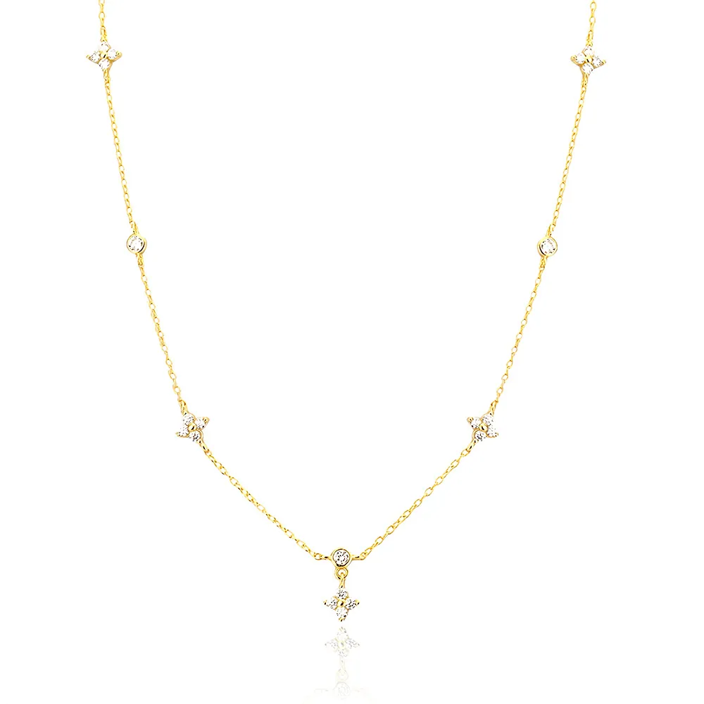 925 Sterling Silver Four Leaf Clover Station Necklace Zircon Inlaid Elegant French Style Jewelry For Women