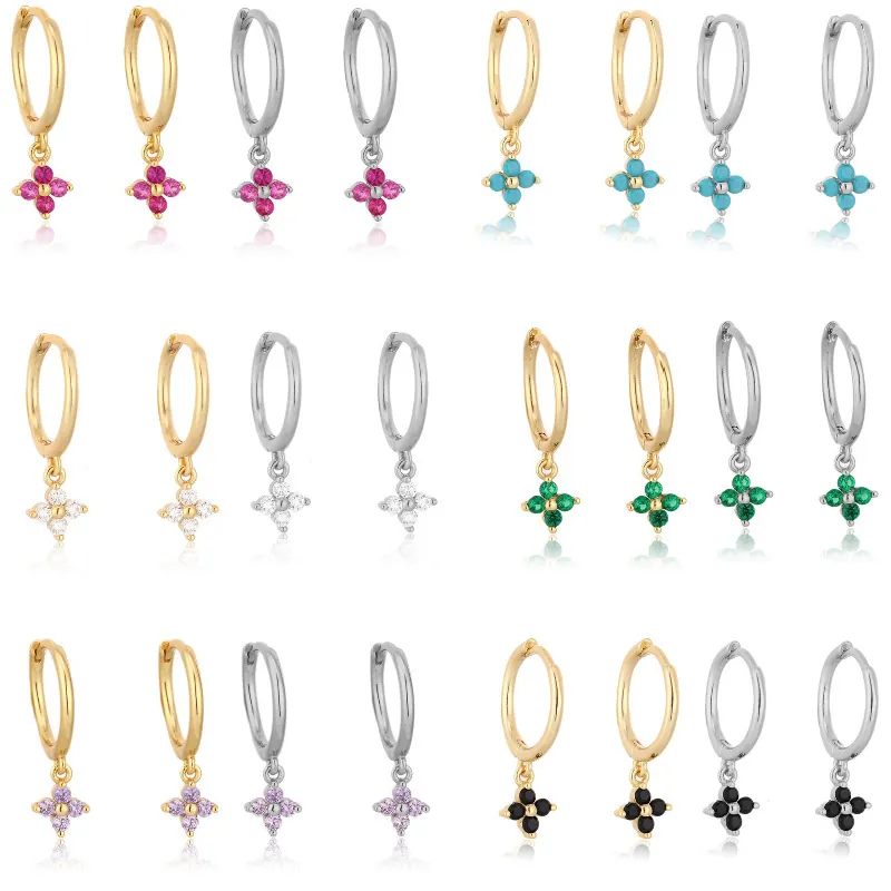 French Style Elegant Copper Hoop Earrings With Four Petal Flower Pendant Colorful Cubic Zirconia Dainty Jewelry Women