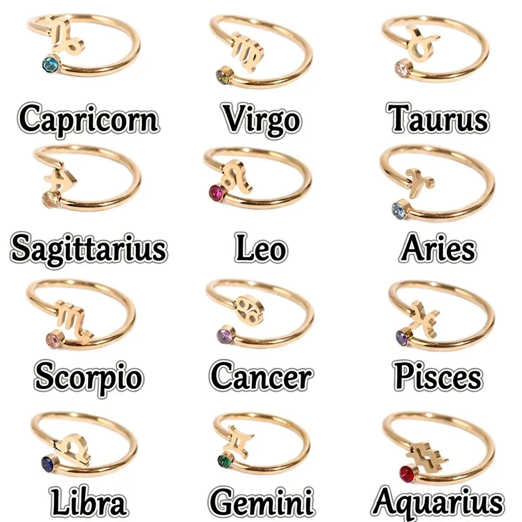 Zodiac Sign Ring Stainless Steel Birthstone Rhinestone Open Adjustable Fashion Jewelry Astrology Gift For Women Men