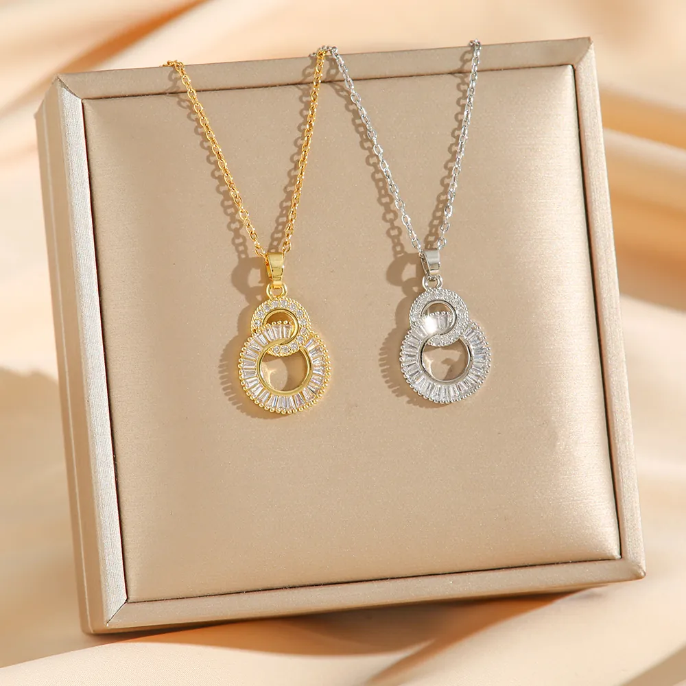 Titanium Steel Necklace Double Interlocking Rings Pendant Baguette Cubic Zirconia Luxury Elegant Clavicle Chain For Women