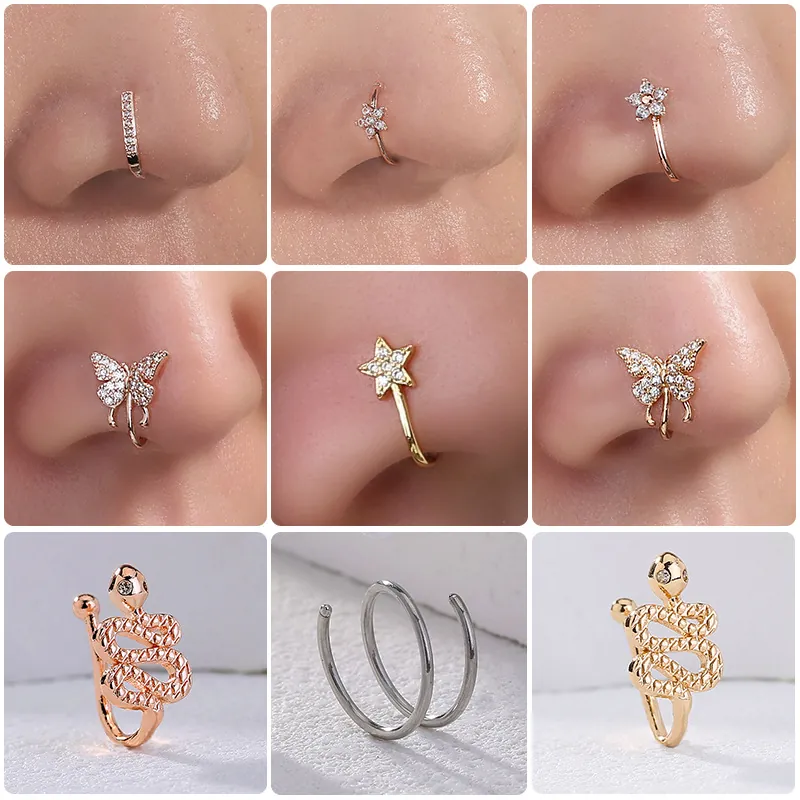 Butterfly Snake Flower Copper Stainless Steel Zircon Nose Rings Non Piercing Nose Cuffs Body Jewelry Fashion For Women