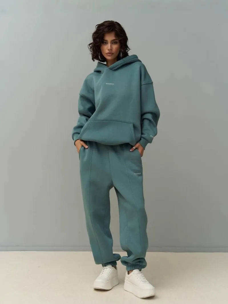 Women Hoodie And Sweatpants Polyester Knit Oversized High Waist Drawstring Sporty Casual Loungewear Streetwear Minimalist