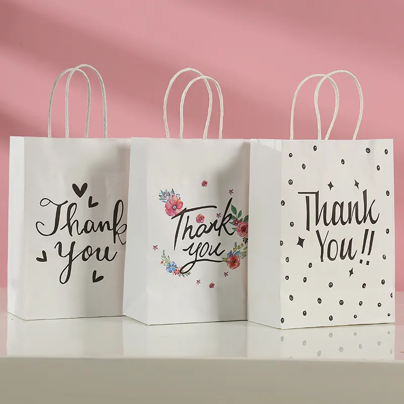 White Kraft Paper Gift Bags With Handles Thank You Print For Birthday Wedding Shopping Party Favors