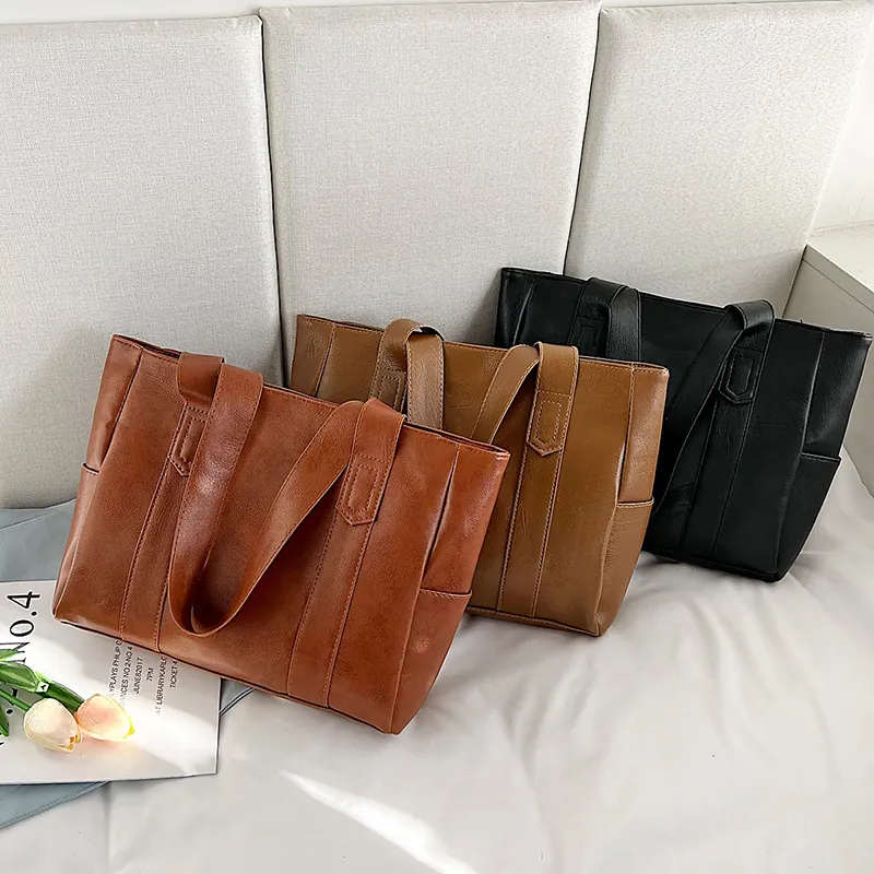 Women PU Leather Tote Bag Large Capacity Minimalist Solid Color Shoulder Handbag For Daily Office Work Minimalist Elegant