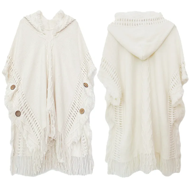 Women Bohemian Knitted Hooded Poncho Shawl Solid Color Tassel Open Front Wrap With Wooden Buttons Warm Autumn Winter Outerwear
