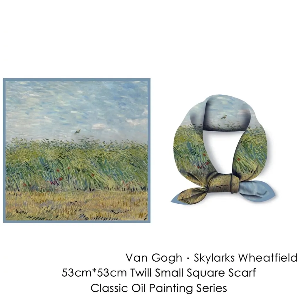 Van Gogh Wheatfield With A Lark Satin Square Scarf Vintage Artistic Oil Painting Print Neck Head Scarf For Women