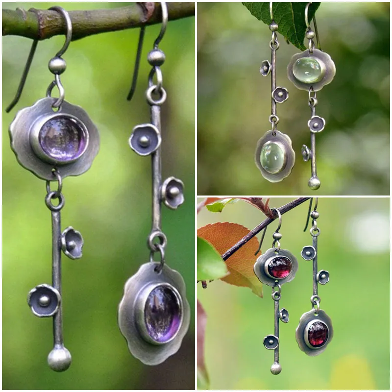 Vintage Asymmetrische Bloemrank Oorbellen Van Legering En Ovale Edelsteenen Antiek Zilveren Finish Boheemse Bosstijl Voor Dames