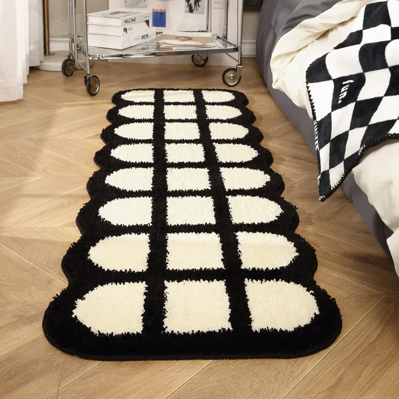 Tappeto Runner in Poliestere a Scacchiera Con Bordo Ondulato Moderno Morbido Tappeto Scendiletto Per Camera Da Letto Soggiorno Casa Decorazione