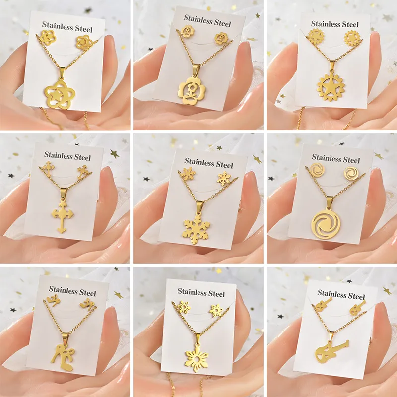 Collana E Orecchini Acciaio Inossidabile Fiore Fiocco Di Neve Croce Motivo Geometrico Gioielli Di Moda Per Donne