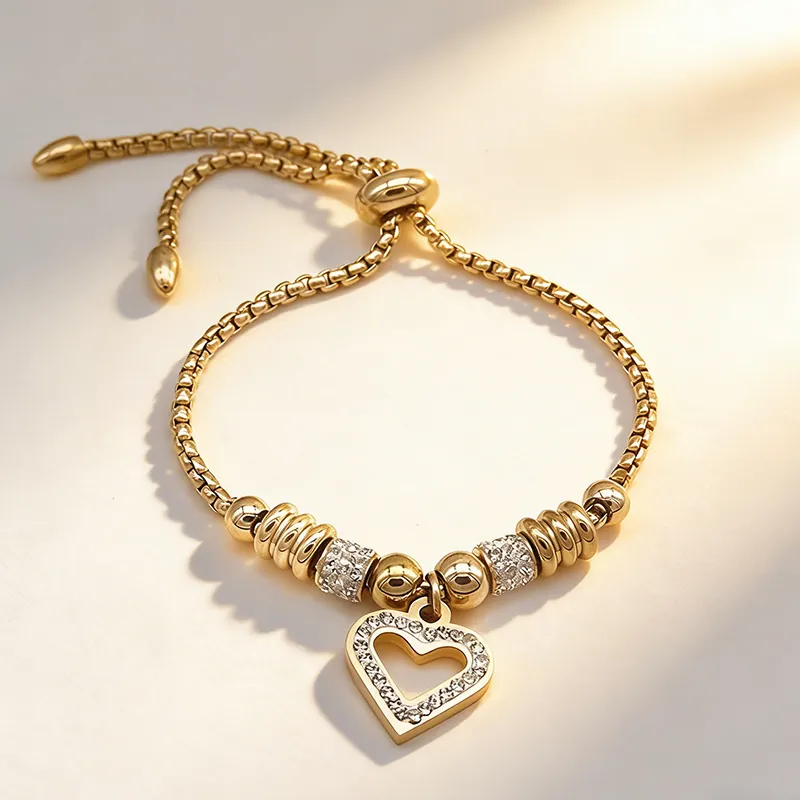 Stainless Steel Heart Bracelet For Women Adjustable Box Chain With Pave Zircon Hollow Love Pendant Elegant Jewelry