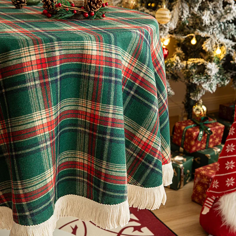 Christmas Round Plaid Tablecloth Polyester Fringe Tassel Edge Waterproof Decorative Party Holiday American Retro