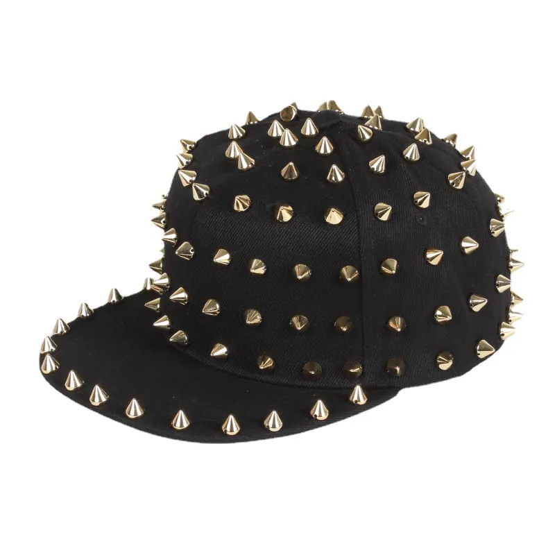 Punk Spiked Baseball Cap Metal Studded Flat Brim Snapback Hat Hip Hop Streetwear Street Dance Adjustable For Men Women