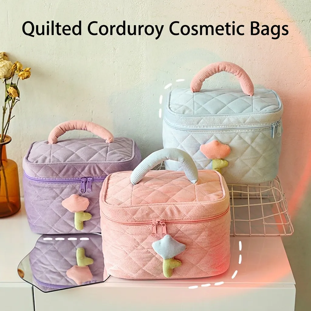 Corduroy Quilted Makeup Bag Large Capacity Tulip Flower Cosmetic Organizer Portable Toiletry Storage Pouch For Women