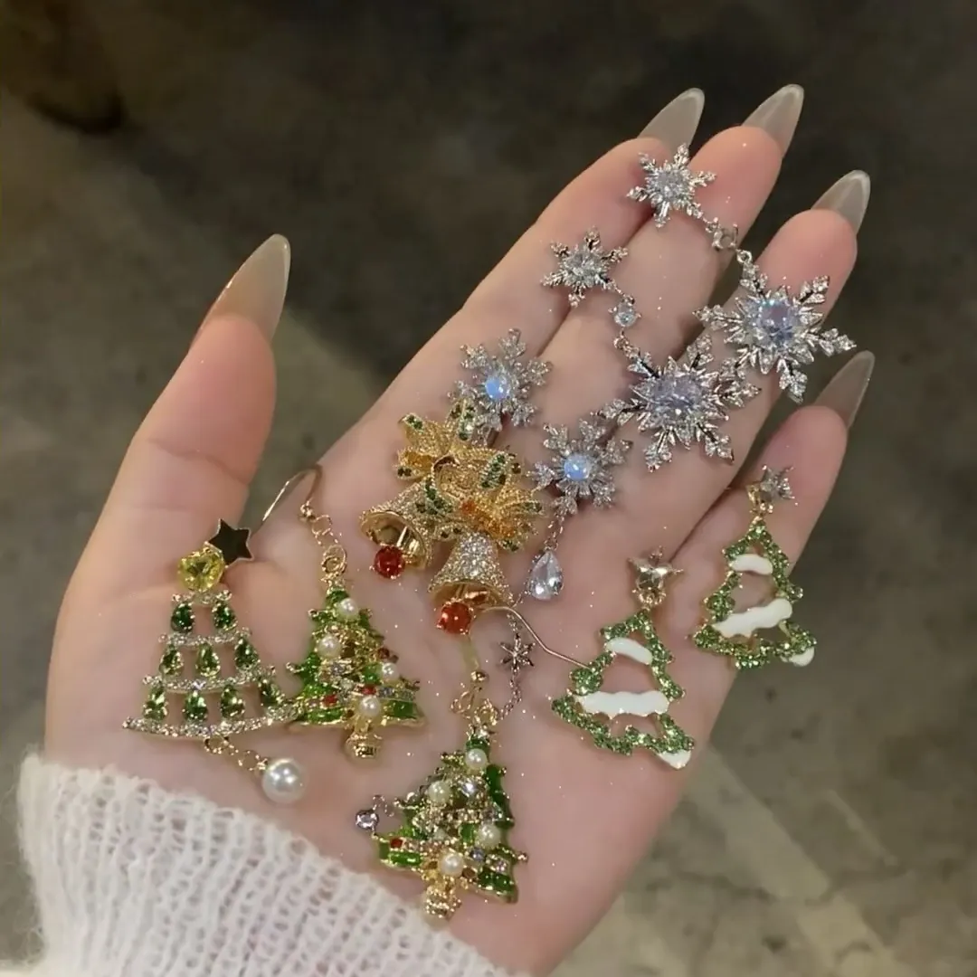 Luxury Christmas Snowflake Christmas Tree Stud Earrings With 925 Sterling Silver Post Artificial Pearl Zirconia Festive Earrings For Women