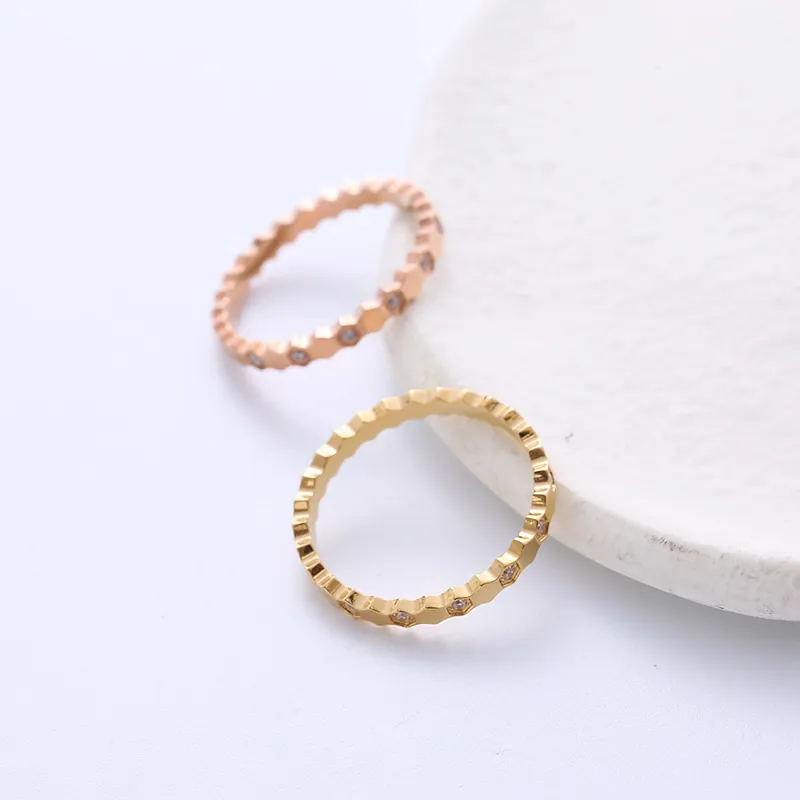 Minimalist Honeycomb Ring 316L Stainless Steel Hexagon Geometric Band Inlaid Cubic Zirconia Jewelry For Women