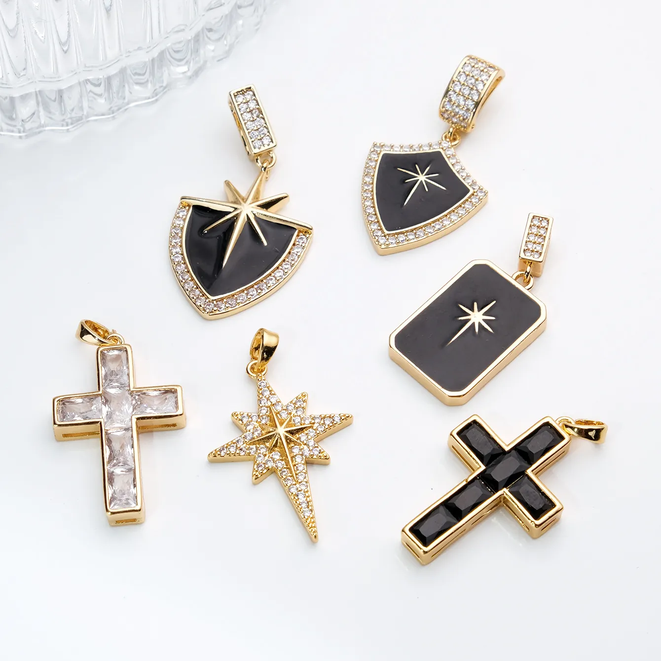 Shield Cross Pendant 18K Gold Plated Copper Zircon Enamel Charms For Necklace Jewelry Making Vintage Elegant Style