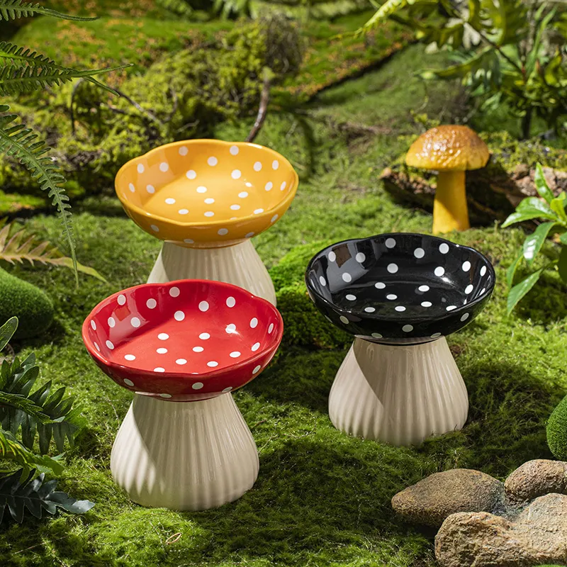 Ceramic Mushroom Shaped Cat Bowl Elevated Pet Food Water Dish Neck Protection Polka Dot Design Slanted Mouth Small Dogs