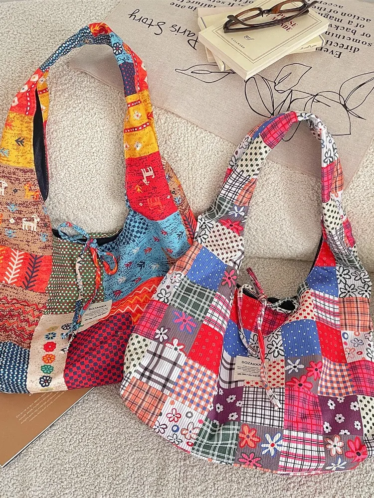 Patchwork Canvas Tote Bag Bohemian Ethnic Floral Reversible Large Capacity Shoulder Handbag Women Daily Commuting