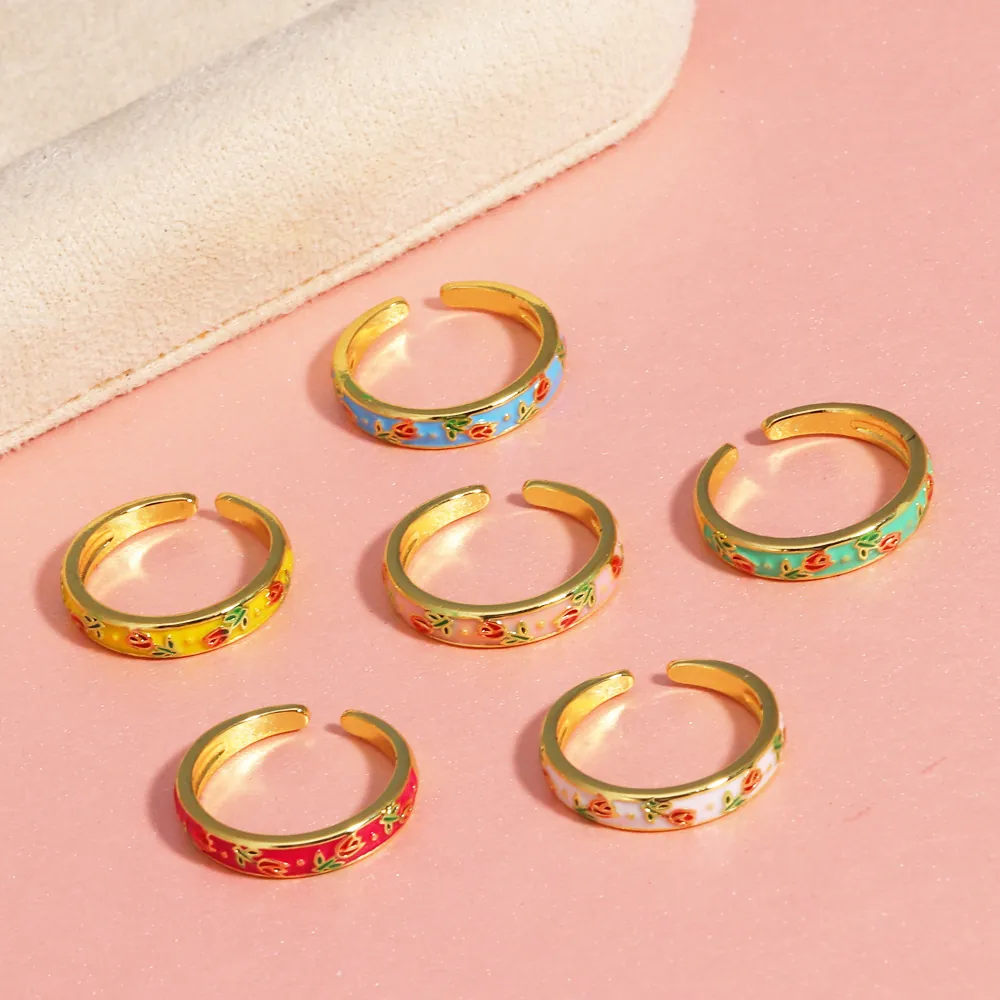 Enamel Flower Open Ring Copper Gold Plated Adjustable INS Style Sweet Floral Finger Jewelry For Women