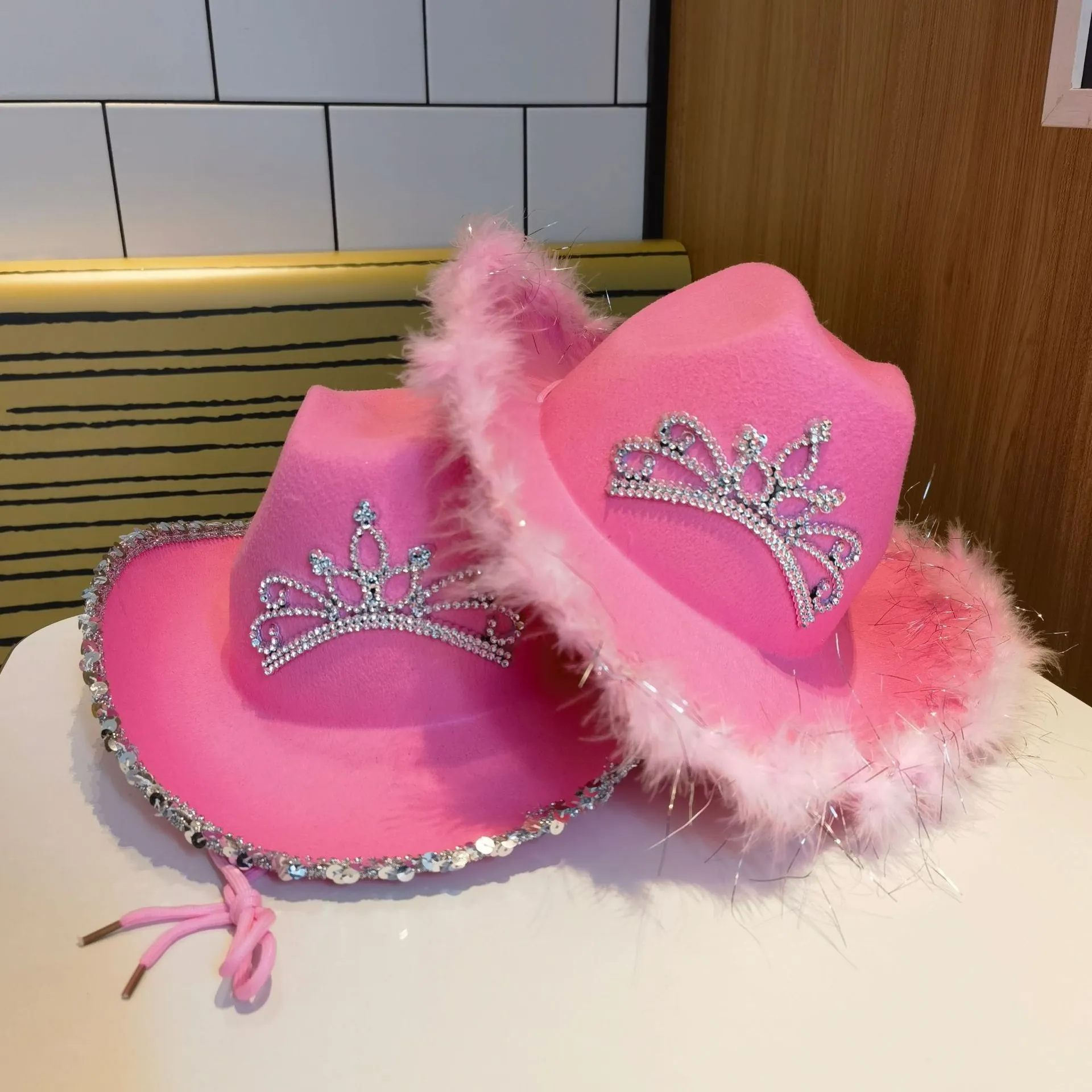 Western Cowgirl Hat Polyester Felt With Rhinestone Tiara Crown Artificial Feather Sequin Trim For Party Festival