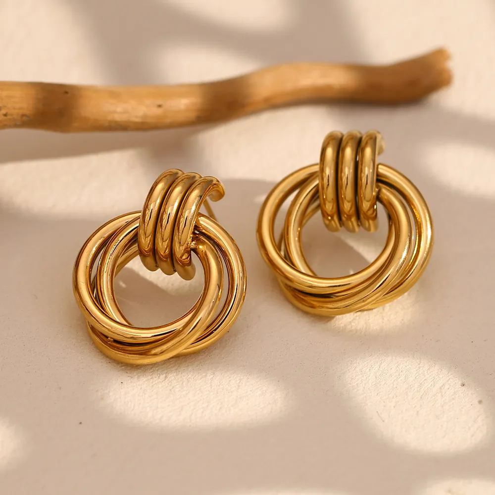 Interlocking Multi Layer Circular Ring Stud Earrings Stainless Steel 18K Gold Plated Geometric Vintage Jewelry For Women