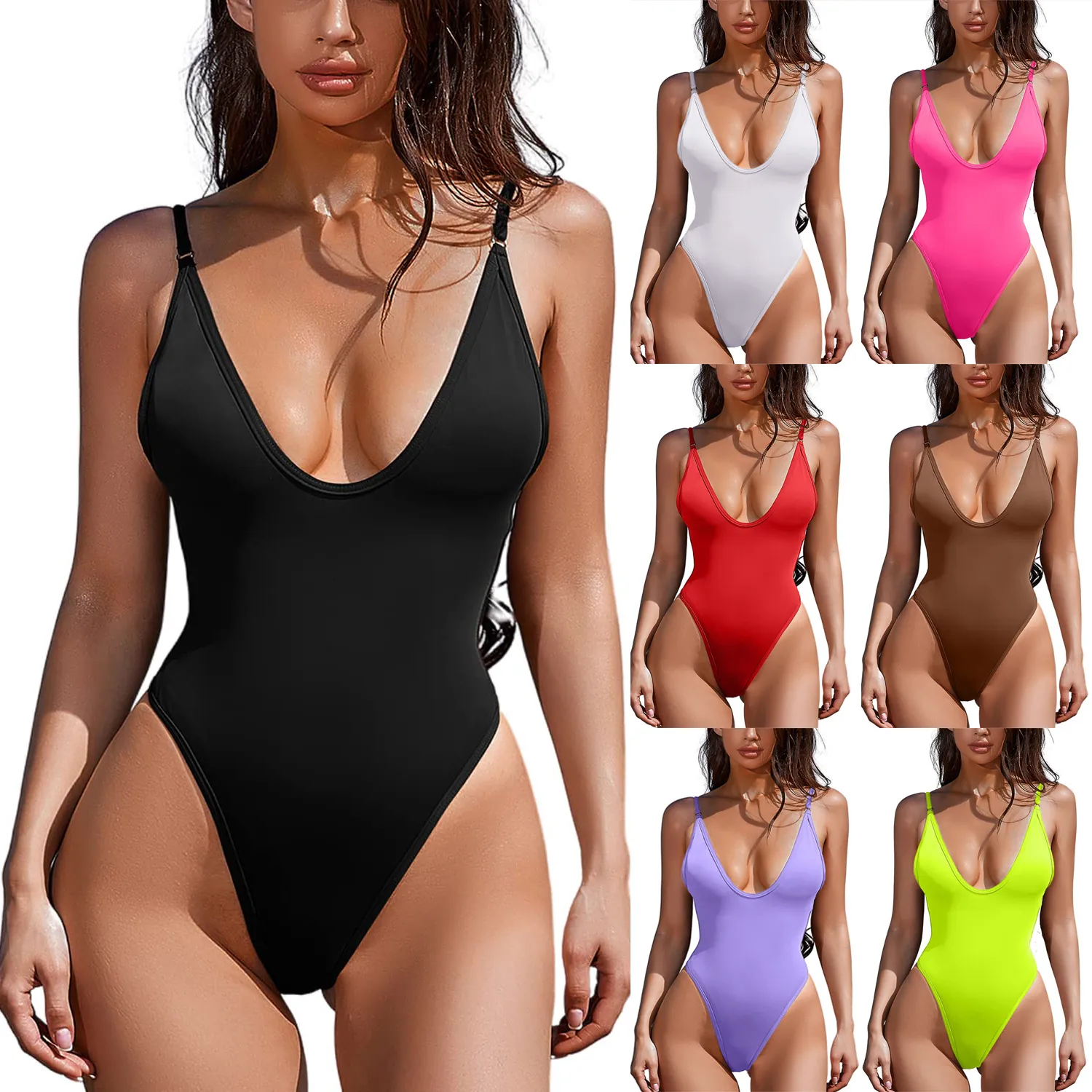 Costume Da Bagno Intero Sexy Da Donna Scollo A V Profondo Taglio Alto Schiena Scoperta Tinta Unita Nylon