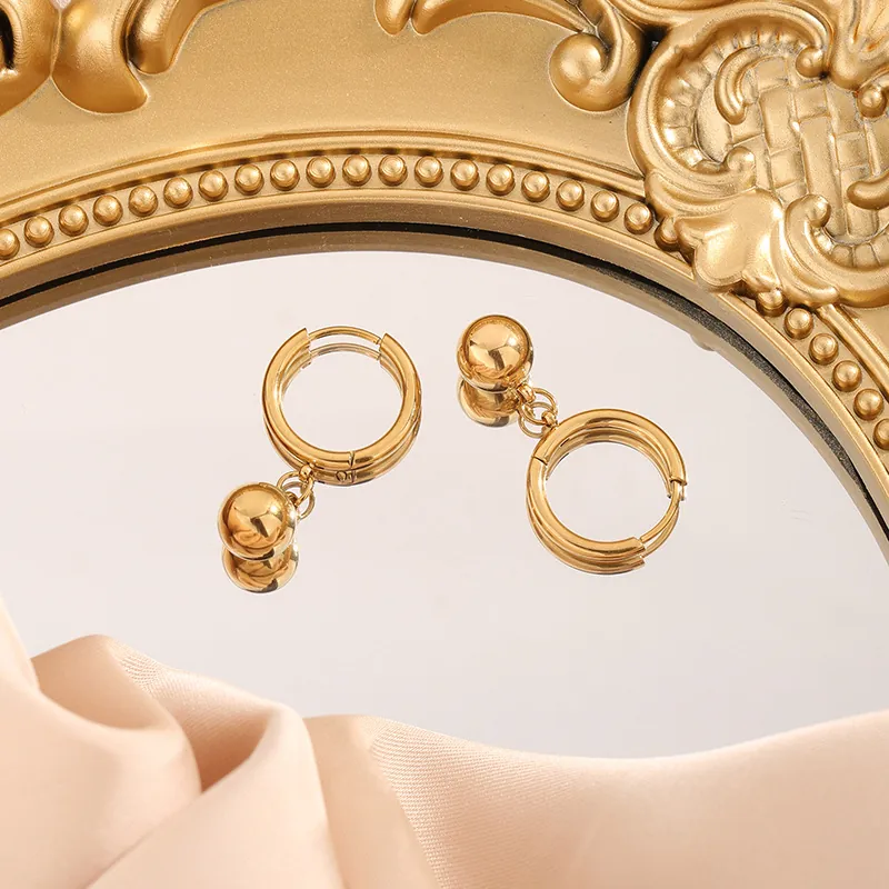 Minimalist Hoop Earrings With Round Ball Pendant Gold Plated Titanium Steel Polished Jewelry For Women Modern