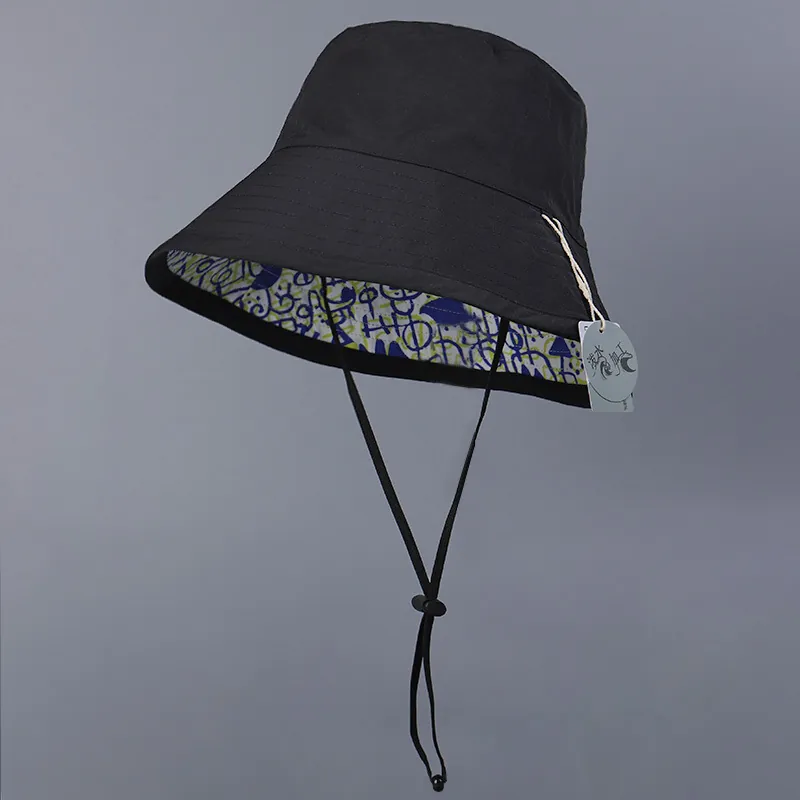 Waterproof Reversible Bucket Hat Polyester Nylon Graffiti Print UPF 50 Adjustable Windproof Rope Outdoor Travel