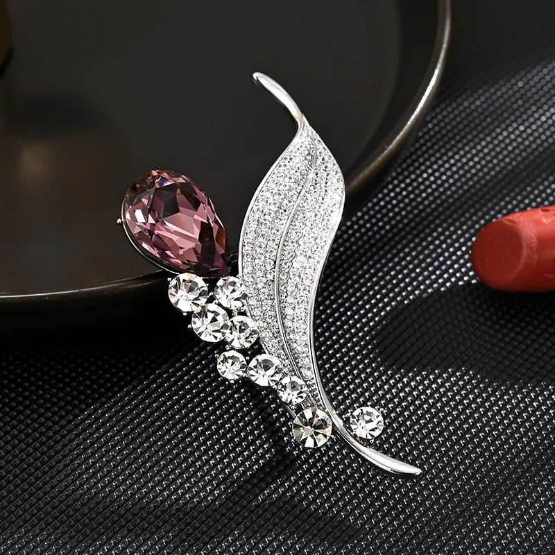 Elegant Leaf Brooch Purple Water Drop Crystal White Zircon Copper Fashion Clothing Decoration Accessory For Women