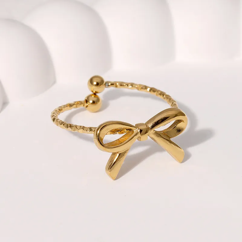 Bague Noeud Papillon Acier Inoxydable Plaqué Or Ajustable Ouverte Torsadée Mignonne Mode Pour Femme