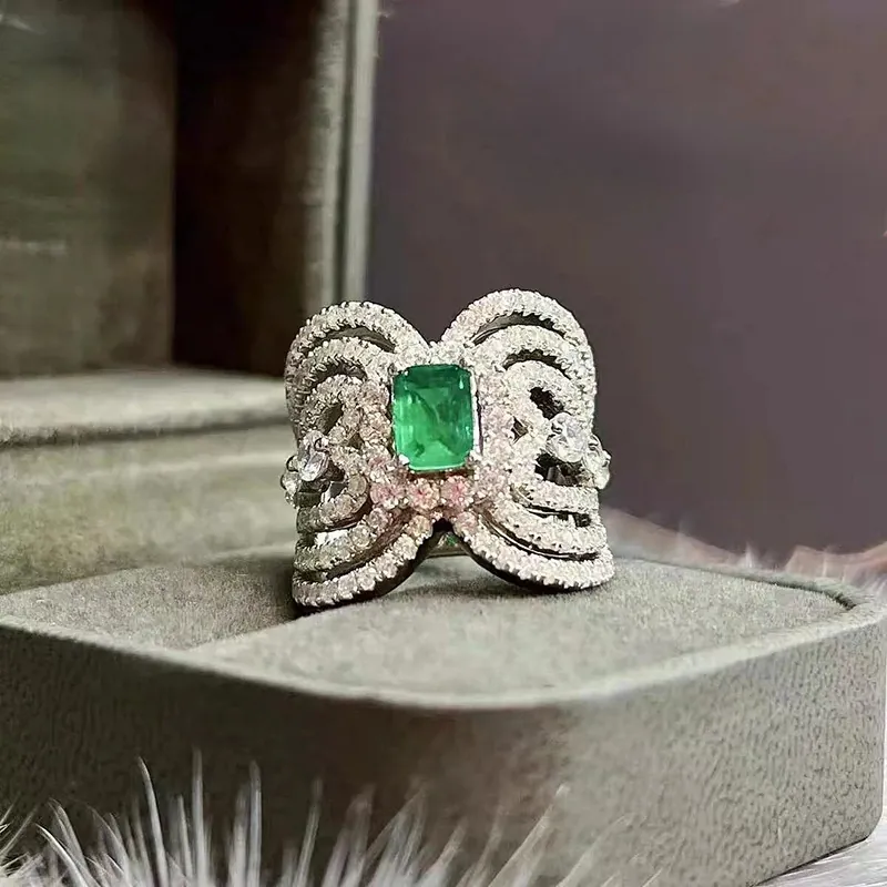 Hollow Bow Shape Ring Copper With Emerald Cut Green Gemstone And Micro Pave White Crystals Elegant Jewelry For Women
